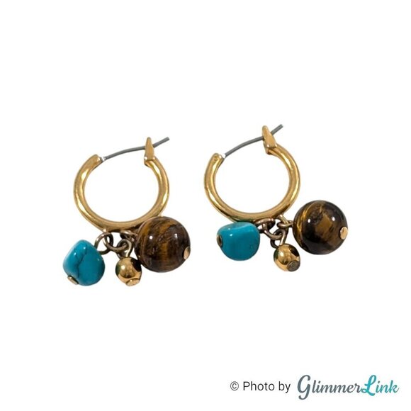 Petite Tiger's Eye Teal Stone Beaded Dangle Gold Tone Hoop Earrings - Picture 5 of 6